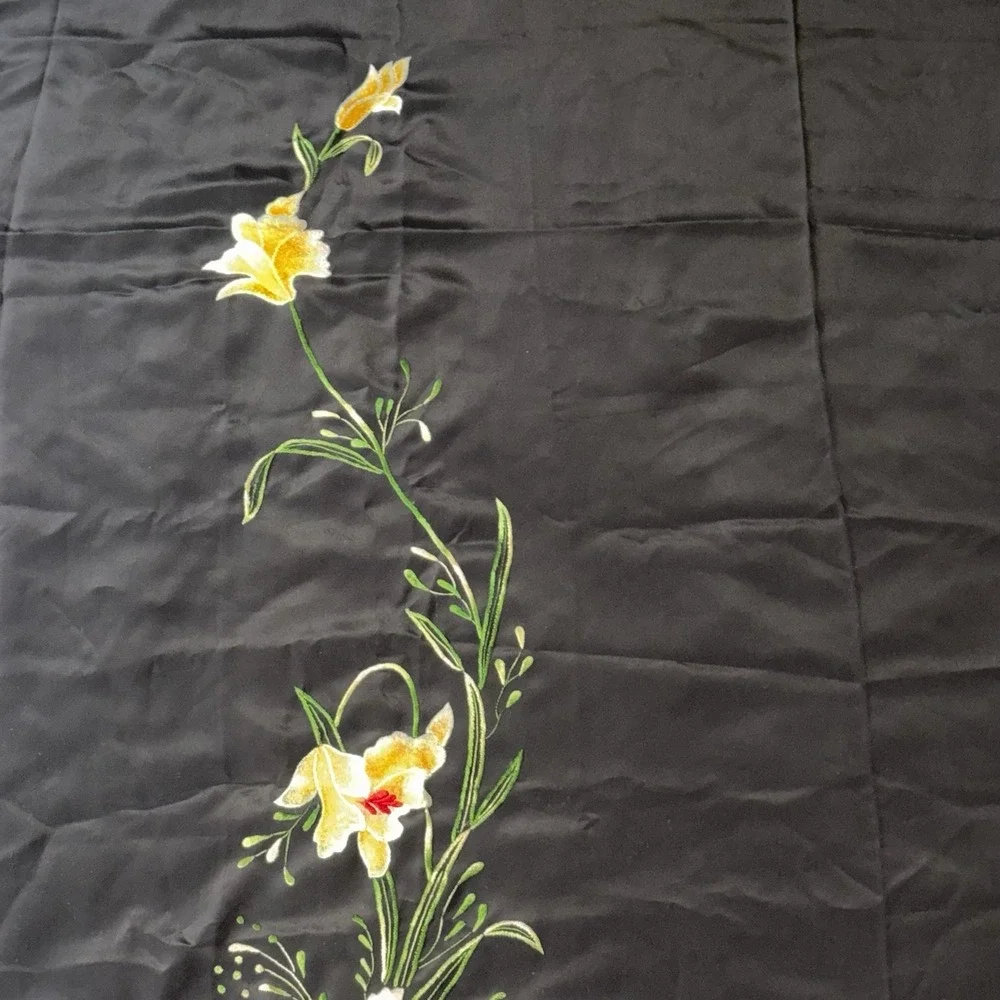 VTG Embroideried Material Black W Yellow Flowers Leaves 42
